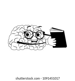 Funny brain cartoon reading a book on black and white colors