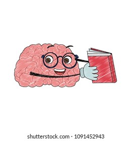 Funny brain cartoon reading a book scribble