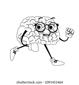 Funny brain cartoon running on black and white colors