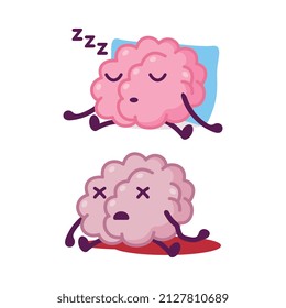 Funny Brain Character Dead Sitting In Blood And Sleeping Snoring With Pillow Vector Set