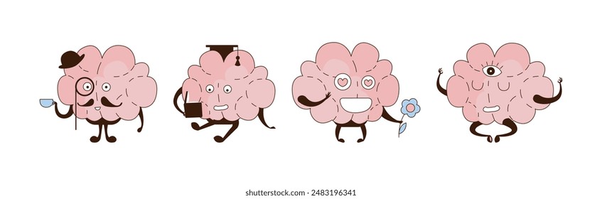 Funny Brain Character Engaged in Different Activity Vector Set