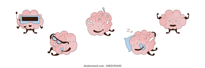Funny Brain Character Engaged in Different Activity Vector Set