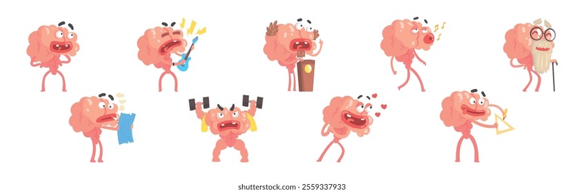 Funny Brain Character Engaged in Different Activity Vector Set