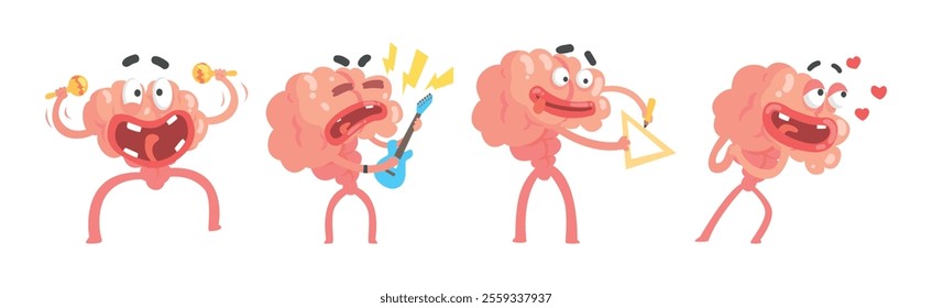 Funny Brain Character Engaged in Different Activity Vector Set