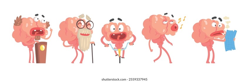 Funny Brain Character Engaged in Different Activity Vector Set