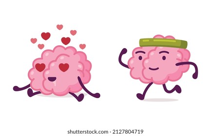 Funny Brain Character Jogging and Falling in Love Vector Set