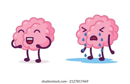 Funny Brain Character Laughing Out Loud and Crying Dropping Tears Vector Set