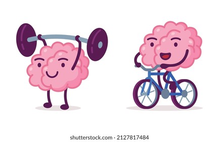 Funny Brain Character Lifting Heavy Barbell and Riding Bicycle Vector Set