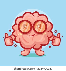 mascota de personaje de cerebro gracioso con gesto de mano arriba dibujado en forma de dibujo plano 