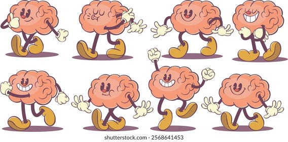 Funny brain character, retro groovy brain cartoon in groovy style