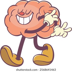 Funny brain character, retro groovy brain cartoon in groovy style