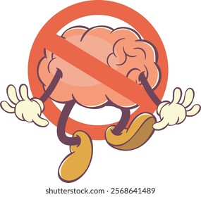 Funny brain character, retro groovy brain cartoon in groovy style