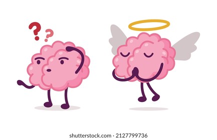 Funny Brain Character Scratching Head Searching for Answer and with Nimbus and Angel Wings Vector Set