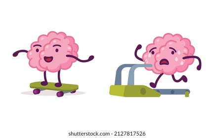 Funny Brain Character Skateboarding and Running on Treadmill Vector Set