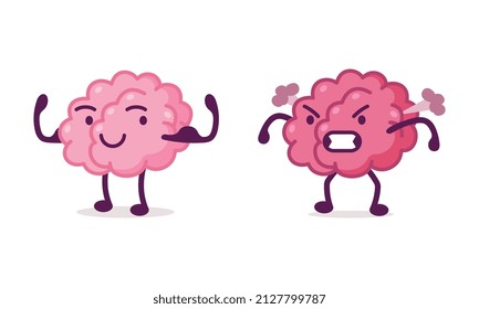 Funny Brain Character Smiling and Steaming with Anger Vector Set