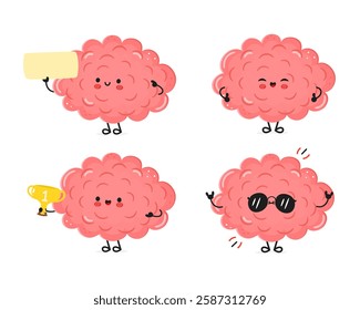 Funny Brain characters bundle set. Vector hand drawn doodle style cartoon character illustration icon design. Cute Brain mascot character collection