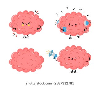 Funny Brain characters bundle set. Vector hand drawn doodle style cartoon character illustration icon design. Cute Brain mascot character collection