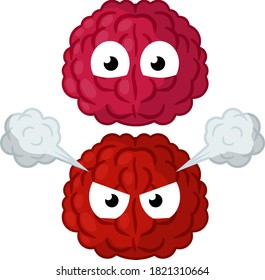 Funny brain with eyes. Cute and evil character. Thought and think. Pink head organ and mind with steam and smoke. Angry and kind emotion. Cartoon flat illustration