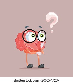 Funny Brain Having Questions Vector Cartoon. Cute little brain mascot thinking hard to solve a problem suffering memory loss
