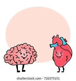 Funny brain and heart characters with human face and round space for text, cartoon vector illustration isolated on white background. Healthy smiling brain and characters, logic versus emotions concept