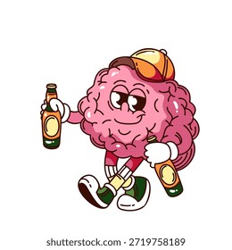 Funny brain holding two beer bottles, symbolizing alcohol consumption and relaxed mood. Groovy cartoon doodle mascot sticker of drinking and brain influence, outline vector illustration.