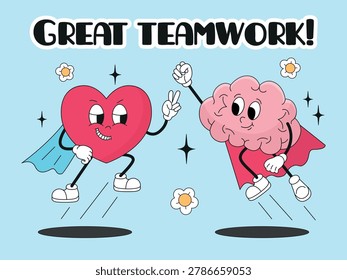 Funny brain poster. Heart and brain working together, dream team of human mental health balance. Psychology and psychotherapy, neoteric vector banner