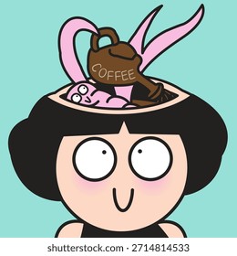 Engraçado Cérebro Pured Café em Jovem Senhora Open Head Concept Cartoon Character Illustration