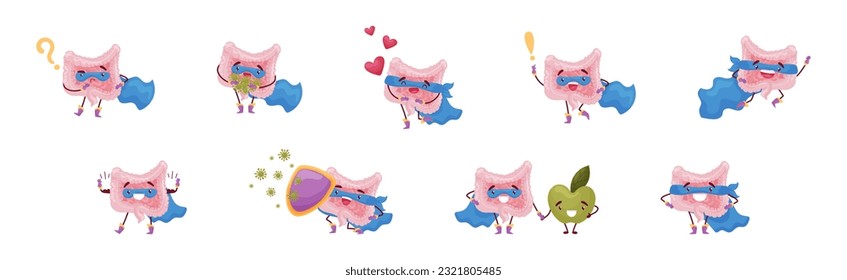 Funny Brain Superhero in Blue Cloak and Mask Vector Set