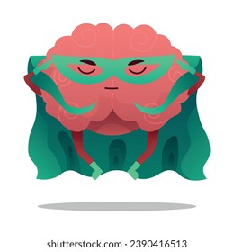 Funny brain in superhero costume on white background