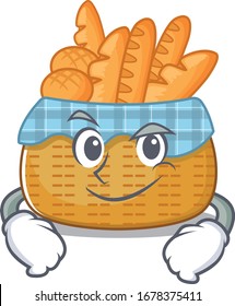 Funny bread basket mascot character showing confident gesture