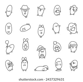 Funny bread characters. Coloring Page. Cute tasty bakery pastries, cartoon happy faces. Hand drawn style. Vector drawing. Collection of design elements.