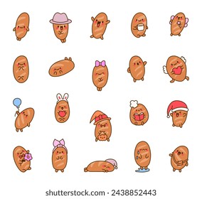 Funny bread characters. Cute tasty bakery pastries, cartoon happy faces. Hand drawn style. Vector drawing. Collection of design elements.