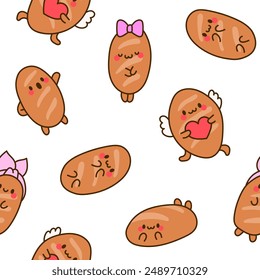 Funny bread characters. Seamless pattern. Cute tasty bakery pastries, cartoon happy bagets faces. Hand drawn style. Vector drawing. Design ornaments.