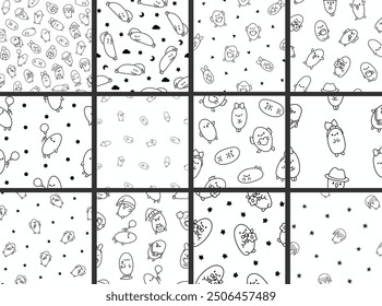 Funny bread characters. Seamless pattern. Coloring Page. Cute tasty bakery pastries, cartoon happy bagets faces. Hand drawn style. Vector drawing. Collection of design ornaments.