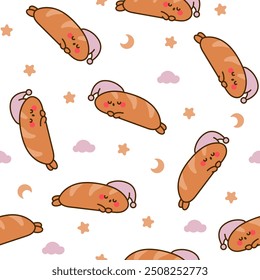 Funny bread characters. Seamless pattern. Cute tasty bakery pastries, cartoon happy bagets faces. Hand drawn style. Vector drawing. Design ornaments.