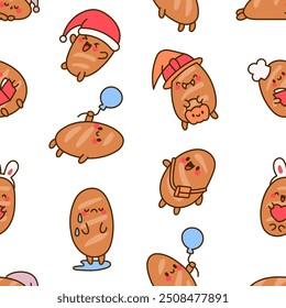 Funny bread characters. Seamless pattern. Cute tasty bakery pastries, cartoon happy bagets faces. Hand drawn style. Vector drawing. Design ornaments.
