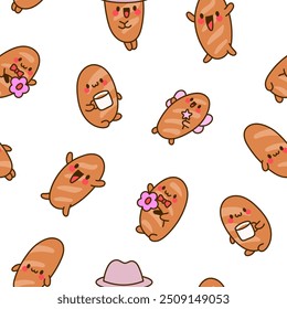 Funny bread characters. Seamless pattern. Cute tasty bakery pastries, cartoon happy bagets faces. Hand drawn style. Vector drawing. Design ornaments.