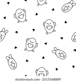 Funny bread characters. Seamless pattern. Coloring Page. Cute tasty bakery pastries, cartoon happy bagets faces. Hand drawn style. Vector drawing. Design ornaments.