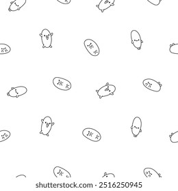 Funny bread characters. Seamless pattern. Coloring Page. Cute tasty bakery pastries, cartoon happy bagets faces. Hand drawn style. Vector drawing. Design ornaments.