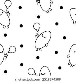Funny bread characters. Seamless pattern. Coloring Page. Cute tasty bakery pastries, cartoon happy bagets faces. Hand drawn style. Vector drawing. Design ornaments.