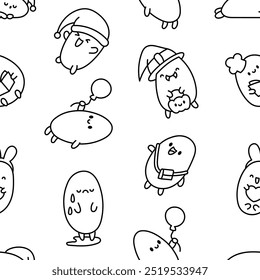 Funny bread characters. Seamless pattern. Coloring Page. Cute tasty bakery pastries, cartoon happy bagets faces. Hand drawn style. Vector drawing. Design ornaments.