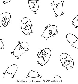 Funny bread characters. Seamless pattern. Coloring Page. Cute tasty bakery pastries, cartoon happy bagets faces. Hand drawn style. Vector drawing. Design ornaments.