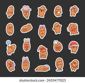 Funny bread characters. Sticker Bookmark. Cute tasty bakery pastries, cartoon happy faces. Hand drawn style. Vector drawing. Collection of design elements.