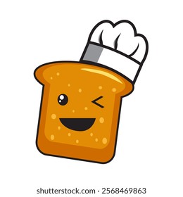 Funny bread wear chef hat mascot, cartoon style character.