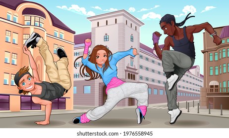 Funny breakdancers in the city. Vector illustration.
