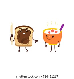 Funny breakfast characters - bowl of oatmeal and toast with chocolate spread, cartoon vector illustration isolated on white background. Funny bowl of oats, rice and toast with chocolate characters