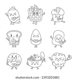 Funny breakfast characters. Coloring Page. Variety cute kawaii food with cartoon faces. Hand drawn style. Vector drawing. Collection of design elements.