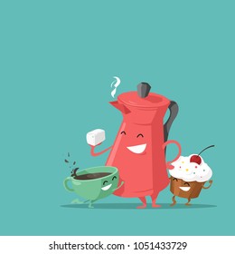 Funny breakfast characters. Cup of coffee, coffeepot and cake. Vector illustration.