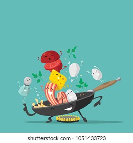 Funny breakfast characters. Eggs, cheese, frying pan, tomato, bacon, greens and salt shaker. Vector illustration.