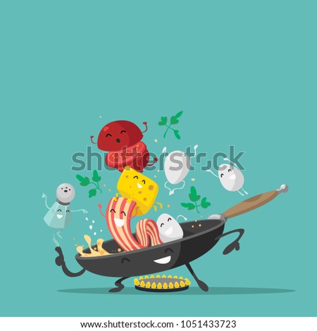 Funny breakfast characters. Eggs, cheese, frying pan, tomato, bacon, greens and salt shaker. Vector illustration.